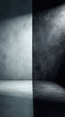 Poster - A minimalist, moody interior space with a split light and shadow. The scene has a contrast of light and dark, creating a sense of drama and tension