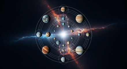 Poster - A digital illustration of planets arranged in a circular pattern in space representing the solar system and cosmic energy