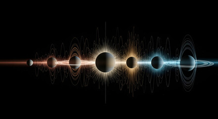 Poster - A vibrant abstract illustration features planets with rings and energy waves against a dark cosmic background