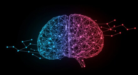 Poster - Human Brain Neural Network - Abstract of a human brain represented as a neural network, glowing in pink and blue hues against a black background