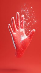 Poster - A glossy red hand emerging from a vibrant red background, sprinkled with sparkles, creating a captivating and surreal visual effect perfect for art and design projects.