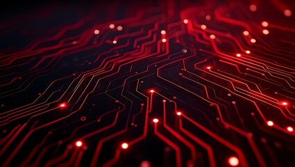 Abstract red circuit board with glowing lights representing data flow and technological advancement
