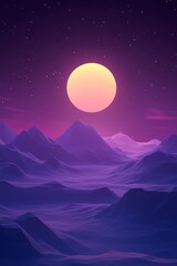 Poster - A stunning portrayal of a surreal landscape featuring a large sun casting its glow on majestic purple mountains. An enchanting visual experience.