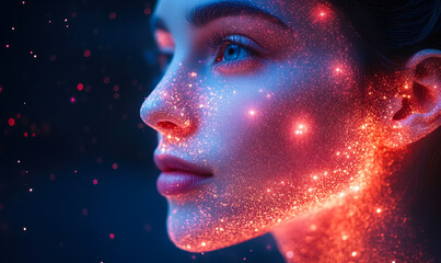 Poster - Close up profile of woman face illuminated with glowing red digital particles creating futuristic sci fi technology and artificial intelligence effect with blue background