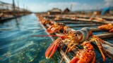 Vibrant Lobster Farm View with Crustaceans Resting on Wooden Rafts, Aquaculture