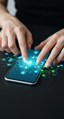Poster - Hands interacting with a smartphone displaying a network connection visualization, symbolizing digital communication and social networking