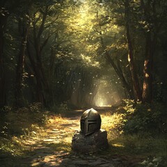 Poster - Knight's helmet sits on a rock in a forest