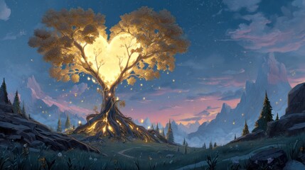 Poster - Heart shaped glowing tree landscape