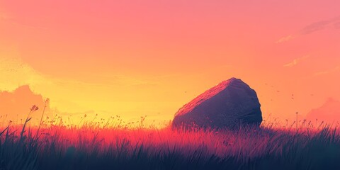 Poster - Large rock sits in a field of tall grass. The sky is a beautiful orange and pink color, creating a serene and peaceful atmosphere