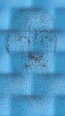Poster - Digital animation of human face model spinning against textured pattern on blue background