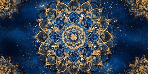 Poster - Gold and blue flowery design with a blue background. The design is very intricate and detailed