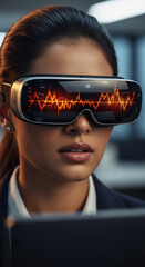 Poster - Close-up of woman wearing futuristic glasses displaying data graph, showcasing technology integration in business, symbolizing innovation and progress in the digital world