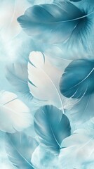 Poster - Blue and white feathery pattern with a light blue background. The feathers are arranged in a way that creates a sense of movement and flow. Scene is calm and serene, with the blue
