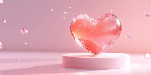 Poster - A serene scene featuring a transparent heart shape on a smooth surface, surrounded by glittering particles. Ideal for themes of love, beauty, and emotion.