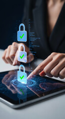 Poster - Hands interact with a tablet displaying digital lock icons and check marks, symbolizing online security and data protection