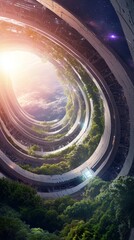 Wall Mural - spiral shaped building with a green forest inside. the building is surrounded by trees and the sky i