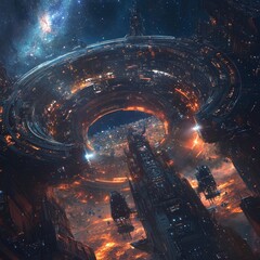 Poster - Futuristic city with a large, glowing, orange structure in the center