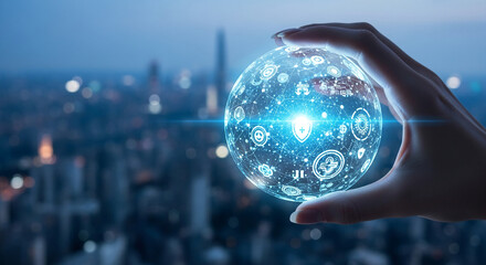 Poster - Hand holding glowing sphere with digital icons, representing global network, security, and innovation against blurred city backdrop, showcasing technology and connection