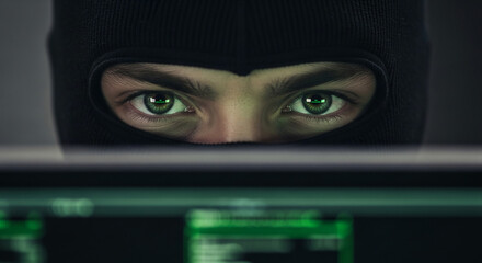 Leinwandbilder - Close-up of eyes peering over a computer screen, concealed by a black balaclava, suggesting mystery and digital intrigue, ideal for cybersecurity or hacking concepts