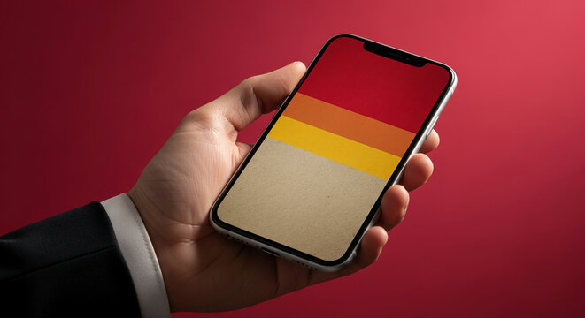 Hand holding smartphone displaying textured red, orange, yellow and beige color blocks, showcasing a modern design mockup for app or website presentation