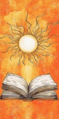 Poster - This artistic illustration features an open book with a radiant sun above, symbolizing knowledge and enlightenment. The warm colors evoke inspiration and creativity.