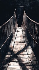 Poster - A narrow suspended bridge leads into a mysterious forest, inviting exploration while casting intriguing shadows. The contrast of light and dark creates a serene atmosphere.