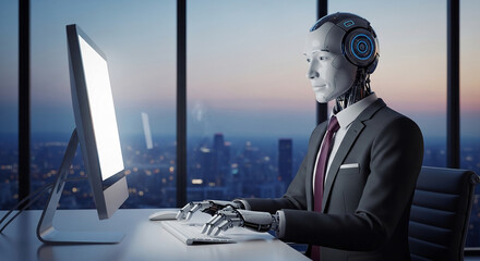 Poster - Robot in business suit uses computer in modern office, showcasing AI in workplace, symbolizing technological advancement and automation