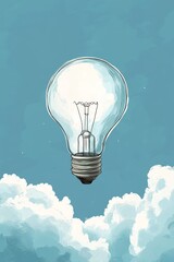 Poster - A beautiful illustration of a light bulb floating in a blue sky among fluffy clouds, symbolizing creativity and bright ideas, perfect for inspirational themes.