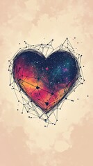 Poster - Colorful abstract heart shape featuring cosmic patterns and geometric lines, symbolizing love and connection. Perfect for art lovers and modern design.