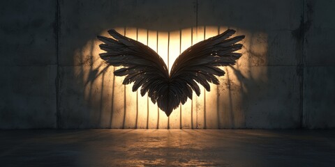 Poster - This captivating image features an artistic representation of angel wings, highlighted by soft backlighting that creates a dramatic shadow effect on the wall.