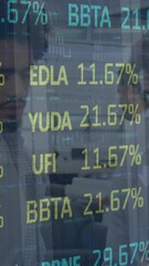 Poster - Animation of stock market data processing against two diverse men discussing at hospital