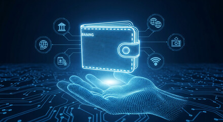 Poster - Digital hand holds glowing wallet, symbolizing online banking, financial technology, secure payments, and digital transactions
