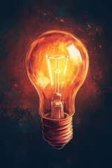 Poster - A vibrant illustration of a vintage light bulb with a glowing filament, set against a warm, textured background. This artwork captures creativity and inspiration.