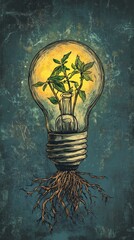 Poster - An artistic illustration showcasing a light bulb filled with growing plants and roots, symbolizing the harmony between nature and energy innovation.