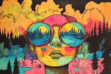 Poster - this vibrant artwork features a surreal portrait of a woman wearing oversized sunglasses reflecting 