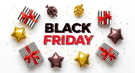 Poster - Black Friday sale announcement with gift boxes and star balloons on white background shopping discount