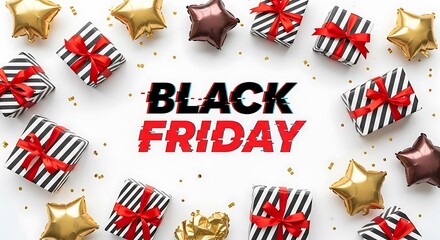 Poster - Black Friday sale event with striped gift boxes and star balloons shopping discount