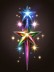 Wall Mural - Rainbow Starburst Glowing Multicolored Stars on Dark Background