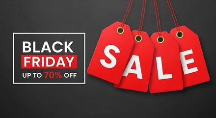 Poster - Black Friday Sale Up To 70 Percent Off Red Tags On Dark Background discount offer