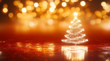Poster - Beautifully Glowing Christmas Tree on Maroon Surface with Golden Lights, Festive Holiday Decor