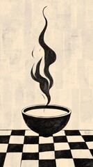 Poster - This abstract illustration features a bowl emitting elegant smoke against a checkerboard background, creating a serene and minimalist aesthetic perfect for art lovers.