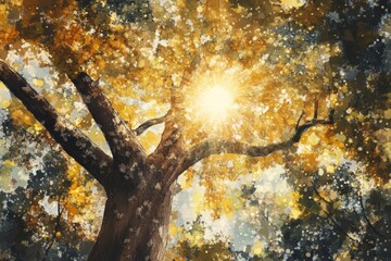 Poster - A stunning view of a majestic tree under bright sunlight, showcasing vibrant autumn leaves and tranquil nature, perfect for capturing the beauty of the outdoors.