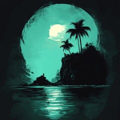 Poster - A tranquil night scene featuring a silhouette of palm trees against a turquoise sky, reflecting on calm waters under a full moon. Perfect for evoking serenity.