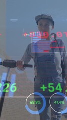 Poster - Animation of graphs and trading board over caucasian woman walking with scotter against sky