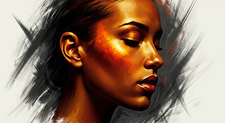 Poster - Close-up profile of a woman with dark hair and bronze skin tones, rendered in a painterly style with textured brushstrokes, suggesting strength and grace