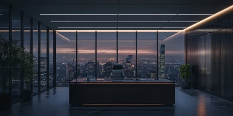 Poster - Large office with a desk and a chair. The desk is surrounded by a potted plant and a window. The room is dimly lit, giving it a cozy