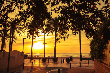 Wall Mural - A deserted street leading to the embankment in the early morning during sunrise. Avenida de Benidorm, Sant Joan d'Alacant, Alicante, Spain