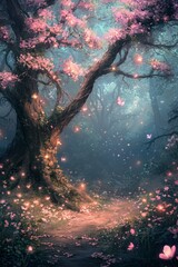 Poster - Forest scene with a tree in the center and butterflies flying around it