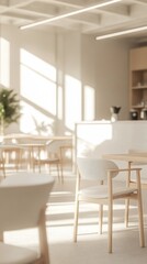 Poster - The room is filled with white chairs and tables, creating a clean and minimalist atmosphere. The chairs are arranged in various positions