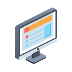 Poster - Isometric Illustration of a Computer Monitor Displaying a Website Interface with Various Sections and Information, Representing Technology, Design, and Digital Communication